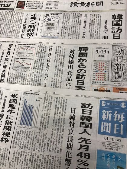 韓国人観光客減少を１面トップで扱った日本メディア。上から読売、朝日、毎日各紙。ソ・スンウク特派員