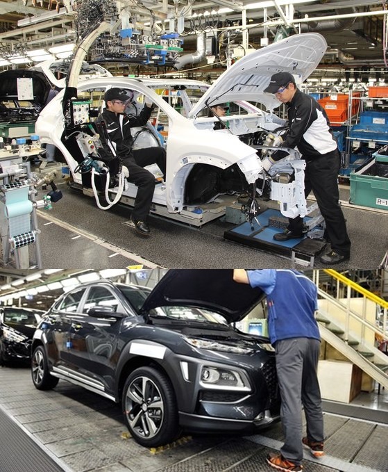 トヨタ自動車の北九州宮田工場で作業者が車体を組み立てている。　イ・ドンヒョン記者［写真上］、現代自動車蔚山（ウルサン）第１工場のコナ生産ラインで作業者が車体を組み立てている。［写真現代自動車]