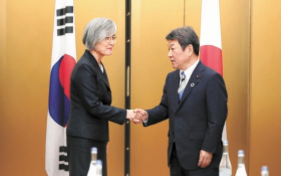 韓国の康京和（カン・ギョンファ）外交部長官（左）と日本の茂木敏充外相