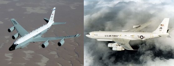 米空軍の通信情報把握偵察機「リベットジョイント」（ＲＣ－１３５Ｗ、左）と地上監視偵察機Ｅ－８Ｃジョイントスターズ（Ｊ－ＳＴＡＲＳ、右）［写真　米空軍］
