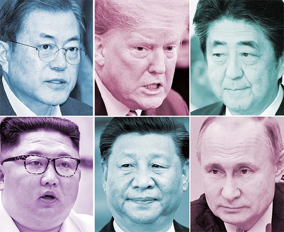 北朝鮮の金正恩国務委員長が「新たな戦略武器を目撃することになるだろう」と述べ、新年の韓半島に荒波が押し寄せることを予告した。左上から時計周り方向に文在寅大統領、トランプ米大統領、安倍首相、プーチン大統領、習近平国家主席、金委員長。［中央フォト］
