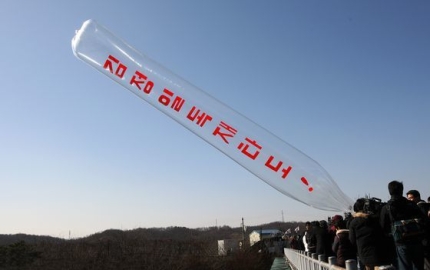 自由北朝鮮運動連合と拉北者家族会の会員らが金正日北朝鮮国防委員長誕生日だった２００９年２月１６日に臨津閣の「自由の橋」で北朝鮮のお金とともに北朝鮮ビラを飛び立たせた。パク・ジョングン記者