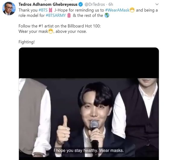 ＷＨＯのテドロス事務局長のツイート。［ツイッター　キャプチャー］
