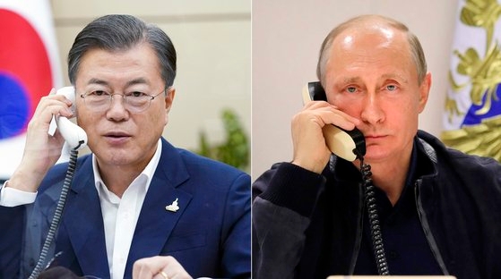 文在寅大統領が２８日午後、青瓦台でウラジミール・プーチン露大統領と電話会談を行っている。［写真　青瓦台提供］