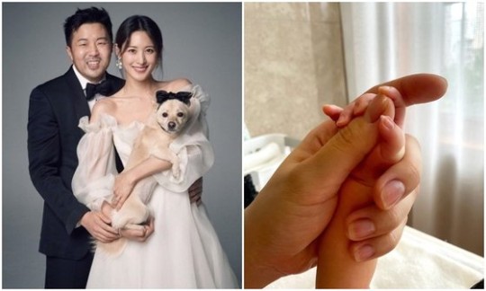 （左の写真）女優スヒョン（左）と（右の写真）生まれたばかりの娘の手を握る様子［右の写真　ＳＮＳ］