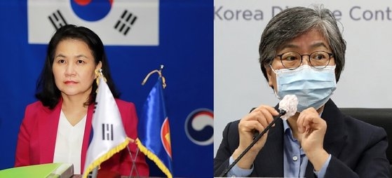 世界貿易機関（ＷＴＯ）事務局長選の最終第３ラウンドに進出した韓国産業通商資源部の兪明希（ユ・ミョンヒ）通商交渉本部長（左）。右は「コロナ戦士」と呼ばれてＫ－防疫を導いた疾病管理庁の鄭銀敬（チョン・ウンギョン）庁長。鄭氏は来年の世界保健機関（ＷＨＯ）事務局長選の候補にも挙げられている。