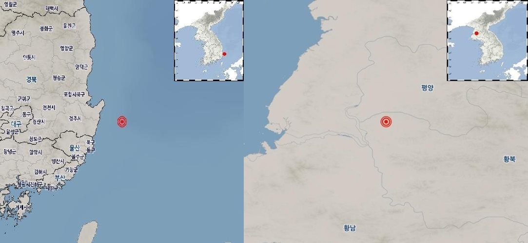 ４日、慶尚北道浦項市南区で発生した地震（写真左）と４日、北朝鮮黄海北道松林で発生した地震の震央。［写真　韓国気象庁］