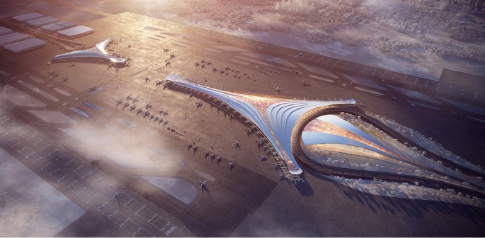 ポーランド・ワルシャワ新空港の鳥瞰図　［写真＝ポーランド新空港ホームページ］