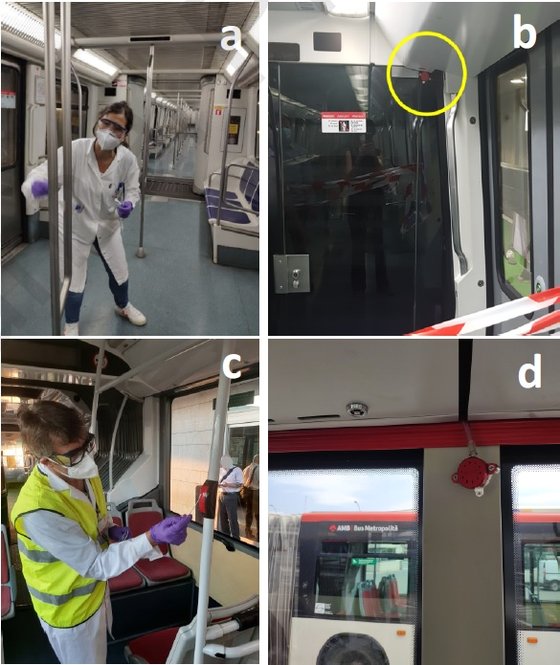 新型肺炎ウイルス検査のために研究陣がスペイン・バルセロナの地下鉄（Ａ）とバス（Ｃ）から表面試料を採取している。また、地下鉄（Ｂ）とバス（Ｄ）から空気試料も採集した。［写真　バルセロナ大学］