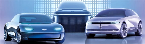 現代自動車が来年から専用プラットホーム（ｅ－ＧＭＰ）基盤で開発した次世代電気自動車を出す。左からアイオニック６・７・５のイメージ。　［写真　現代車提供］