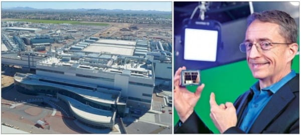 インテルのゲルシンガー最高経営責任者（写真右）が２４日に開かれたオンライン会見で「２００億ドルを投資して米アリゾナに工場２カ所を作りファウンドリー事業に進出する」と宣言した。写真左はインテルのファウンドリー工場が入る予定の米アリゾナ州のオコティロ・キャンパス全景。［写真　インテル］