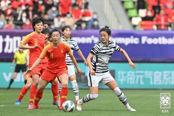 中国選手と競り合う韓国代表のＦＷチェ・ユリ（右）