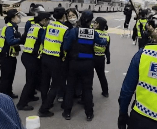女性デモ隊を相手する複数の女性警官