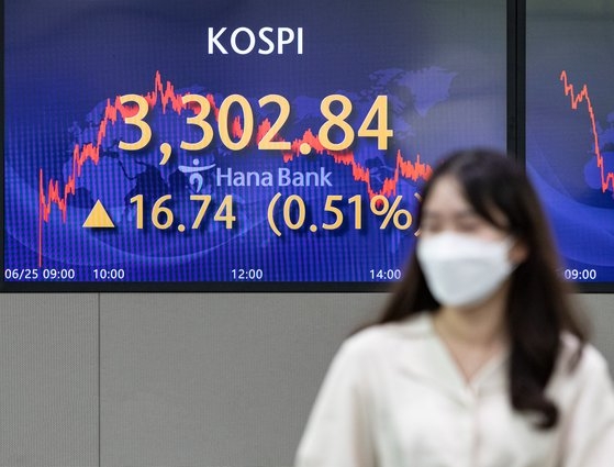２５日、ソウル中区にあるＫＥＢハナ銀行外国為替ディーリングルームの電光掲示板に、過去初めて３３００線を突破した株価が表示されている。　中央日報