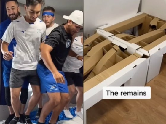 イスラエル野球チームの選手たちがベッドがつぶれるまで１人ずつ乗って、マットレスの上でジャンプする映像をＳＮＳに投稿した。［写真　インターネット　キャプチャー］
