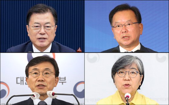 左側の上から時計回りに韓国の文在寅（ムン・ジェイン）大統領、金富謙（キム・ブギョム）首相、鄭銀敬（チョン・ウンギョン）疾病管理庁長、権徳チョル（クォン・ドクチョル）保健福祉部長官。文大統領は８．１５光復節（解放記念日）の祝辞で、当初の１１月から１カ月操り上げて国民の７０％に２次接種を終える計画だと明らかにした。だが、具体的なワクチン需給対策を提示しておらずその背景に注目が集まっている。中央フォト