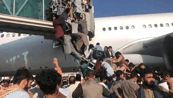 アフガニスタン首都カブールのハミド・カルザイ空港で１６日、同国から脱出しようとする人々が扉が開かれた飛行機に搭乗しようと必死にボーディング・ブリッジに這い上がっている。前日、タリバンがカブールに入城し、アシュラフ・ガニ大統領が国外に逃亡したことを受け、国を離れようとする人々が空港に殺到し、空港は修羅場と化した。１６日、米軍が秩序維持のために威嚇射撃をして少なくとも５人が亡くなったという便りが伝えられたが、銃撃によるものかあるいは圧死によるものかは状況が曖昧だ。［写真　ツイッター　キャプチャー］