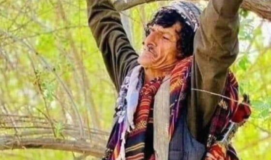 ナザール・ムハンマド・カシャさん。木に縛られている。［インターネット　キャプチャー］
