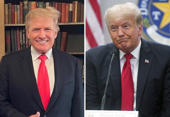 ドナルド・トランプ前米国大統領の最近の様子（左）と在任時期の様子（右）。［写真　ドナルド・トランプ・ジュニアのインスタグラムキャプチャー、ＡＰ＝聯合ニュース］
