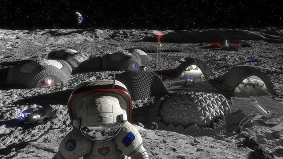 欧州宇宙局（ＥＳＡ）が描いた未来の月基地の想像図。居住用モジュールと探査車用ガレージなどで構成されている。月の土壌を利用した３Ｄプリント技術で建築する方式が有力だ。［写真　ＥＳＡ］