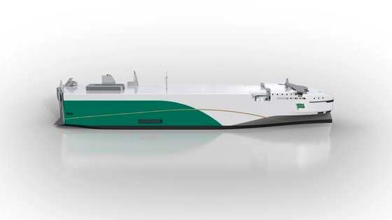 フォルクスワーゲンが最近契約したＬＮＧ推進車両運搬船。ＬＮＧ運搬船はこれまでより炭素排出量を２５％減らすことができる。［写真　フォルクスワーゲン］