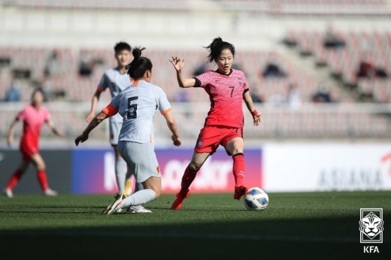 韓国女子サッカーのトップスター、イ・ミナ（右）が華麗なドリブルを見せている。［写真　大韓サッカー協会］