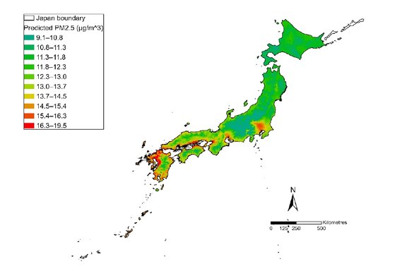 日本の２０１１～２０１６年のＰＭ２．５の平均濃度。日本西側の長崎地域の汚染度が高いことが分かる。［写真　ｒｅｍｏｔｅ　ｓｅｎｓｉｎｇ、２０２１］