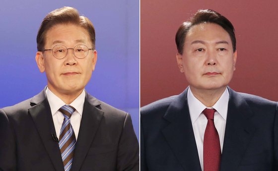 共に民主党の李在明（イ・ジェミョン）候補（左）、国民の力の尹錫悦（ユン・ソクヨル）候補　［国会写真記者団］