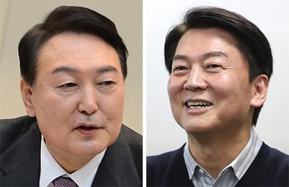 国民の力の尹錫悦（ユン・ソクヨル）候補（左）、国民の党の安哲秀（アン・チョルス）候補（右）
