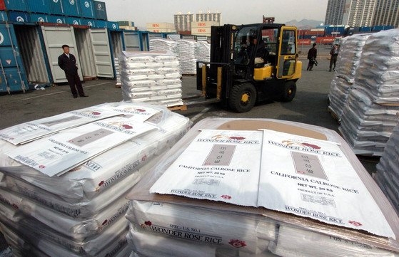 ２００６年、韓国に初めての主食用米として輸入された米国産１等級カルロス米１３７２トン。釜山（プサン）港で検疫作業が行われた。　［中央フォト］
