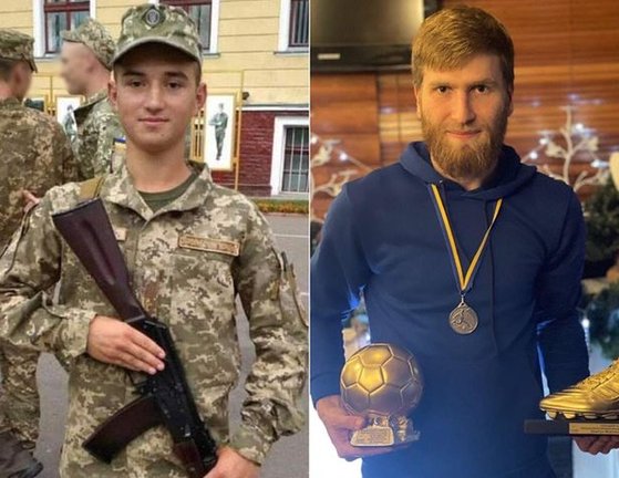 ロシア軍の攻撃で死亡したウクライナのサッカー選手ビタリ・サピロ（左側）とドミトロ・マルティネンコの生前の姿。［写真　ツイッター］