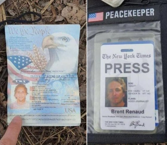 ウクライナの首都キーウ（キエフ）警察が１３日（現地時間）、米国国籍の映像ジャーナリストであるブレント・ルノー氏がロシア軍から銃撃を受けて死亡したと主張し、ルノー氏のパスポートや身分証写真などをフェイスブックに公開した。［フェイスブック　キャプチャー］