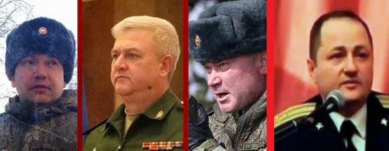 ウクライナ戦で死亡したロシア将軍４人。ヴィタリー・ゲラシモフ氏、アンドレイ・コレスニコフ氏、アンドレイ・スホベツキー氏、オレグ・ミティアエフ（左から）。［写真　ロシア国防省・ウクライナ軍当局　キャプチャ］