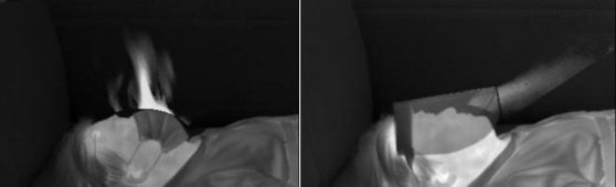 特殊赤外線カメラで飛沫マスク（左側）とシールドマスク着用時の呼吸状態を撮影した様子。［写真　亜洲大病院］