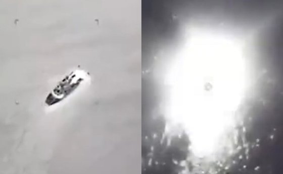 ロシア警備艇を破壊した場面　　ウクライナ軍　ツイッター　キャプチャー