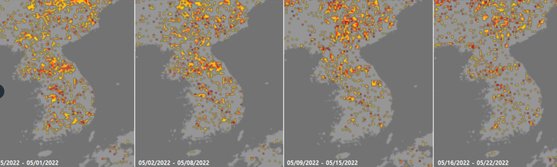 ４月から５月の間の北朝鮮干ばつ指数を示す米国立海洋大気局（ＮＯＡＡ）の資料。「深刻」を示す赤黒色の点を北朝鮮各地で確認することができる。［写真　ＮＯＡＡ］