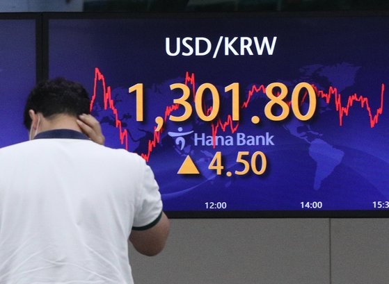 ２３日午後、ソウル中区ハナ銀行ディーリングルーム。韓国ウォンは前日より４．５ウォン値下がりした１ドル＝１３０１．８ウォンで取引を終えた。１ドル＝１３００ウォン台のウォン安ドル高は２００８年７月以来１３年ぶり。