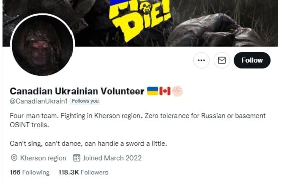 ツイッター「カナダ人ウクライナ志願兵」のコンテンツがすべて偽りだという疑惑が提起された。論争が大きくなり、現在該当アカウントは閉鎖された状態だ。［写真　ツイッター　キャプチャー］