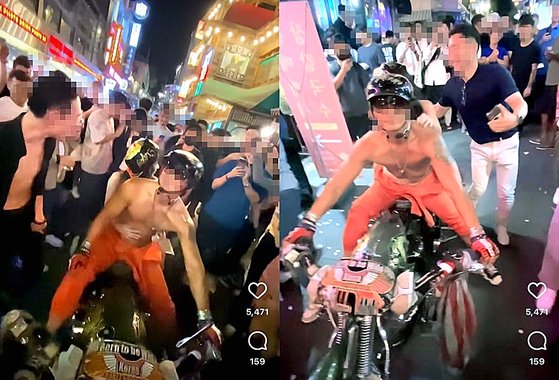 ソウル江南（カンナム）で、ビキニ姿でバイクに乗って過多露出容疑で立件された女性が今回も同じような格好でソウル梨泰院（イテウォン）に登場した。［写真　イム・グリン　インスタグラム］