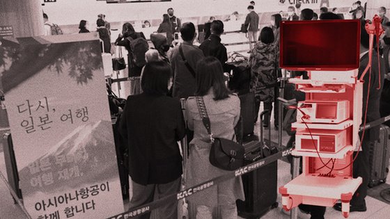 １１日、金浦（キンポ）空港国際線カウンターに集まった出国者。その上に日本製内視鏡診断装備の写真を合成した。　グラフィック＝パク・ギョンミン記者