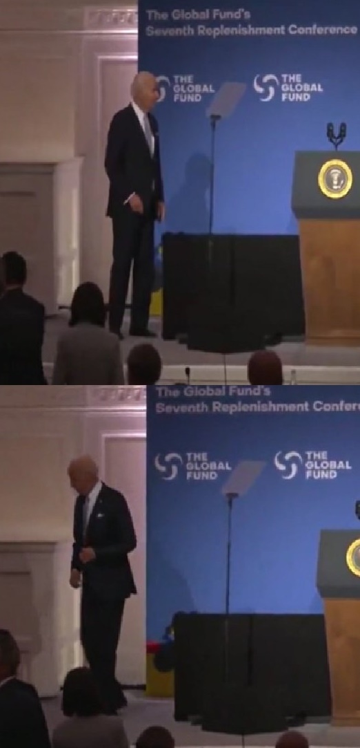 米国のバイデン大統領が９月２３日、米国ニューヨーク国連総会で開かれたグローバルファンド会議で演説を終えた後、舞台を降りてから移動先が分からず右往左往している。［写真　ツイッター　キャプチャー］