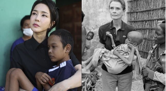 今月１２日（現地時間）カンボジア・プノンペンの先天性心臓疾患を患う患児の家を訪れた金建希夫人。野党ではこの姿が１９９２年ソマリアのバイドアユニセフ給食センターを訪れた女優オードリー・ヘプバーン（右）が栄養失調の子供を抱いている写真と似ているという主張が出ている。［写真　大統領室、ユニセフフェイスブック］