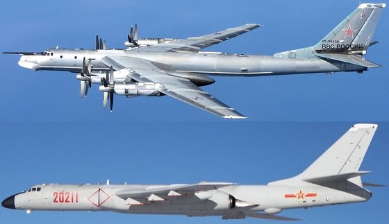 ロシアの戦略爆撃機Ｔｕ９５（上）と中国の戦略爆撃機Ｈ６。これら戦略爆撃機は核攻撃ができる能力を備える。［ユーチューブ　キャプチャー］