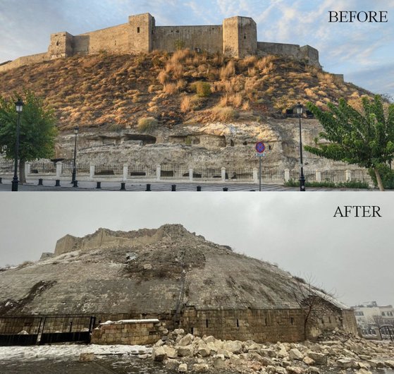 トルコ（テュルキエ）南部ガズィアンテプ県の地震前（上）と後（下）の写真。２０００年前ローマ帝国時代に建てられ同地域の主要建物が今回の地震で損壊した。［ツイッター　キャプチャー］
