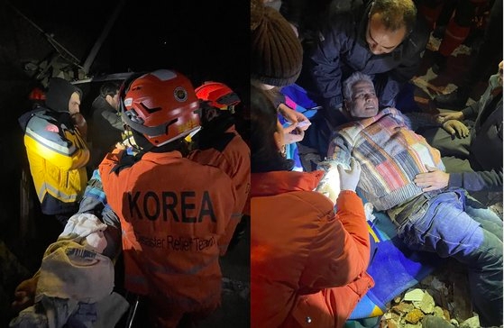 韓国緊急救護隊が９日（現地時間）午前、トルコのハタイ県で建物のがれきの中に閉じ込められていた７０代半ばの男性を救助した。［写真　大韓民国緊急救護隊（ＫＤＲＴ）］