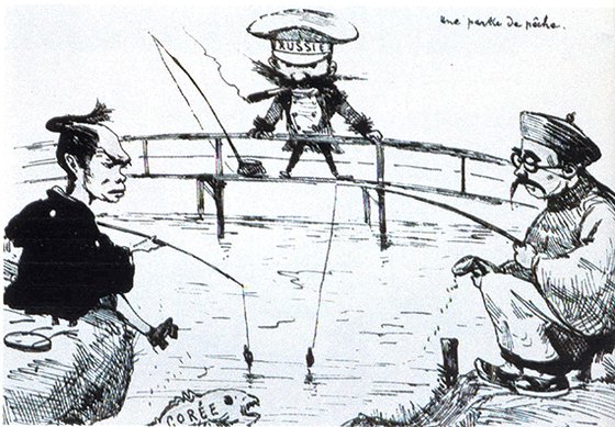 １８９４－９５年の日清戦争に従軍したフランス人ジョルジュ・ビゴーが描写した当時の朝鮮半島周辺状況。日本・中国・ロシアが魚（朝鮮）を釣ろうとしている。　［中央フォト］