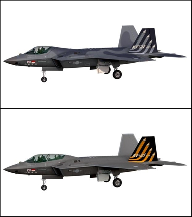 韓国型戦闘機「ＫＦ－２１」試作３号機単座機（上）と試作４号機複座機。［写真　韓国防衛事業庁］