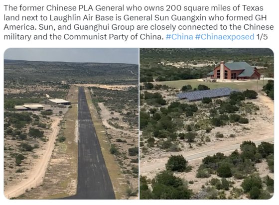 中国の新疆広匯集団の孫広信会長が保有している土地（右）はテキサス空軍基地と近いという。［写真　ツイッター　キャプチャー］