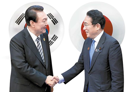 尹錫悦（ユン・ソクヨル）大統領（左）と岸田文雄首相（右）