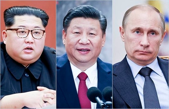 北朝鮮の金正恩国務委員長、中国の習近平国家主席、ロシアのプーチン大統領。［中央フォト］
